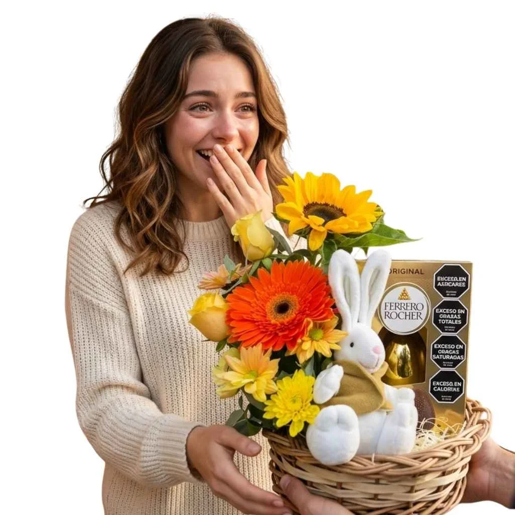 Canasta de pascua con flores huevo rocher y conejo